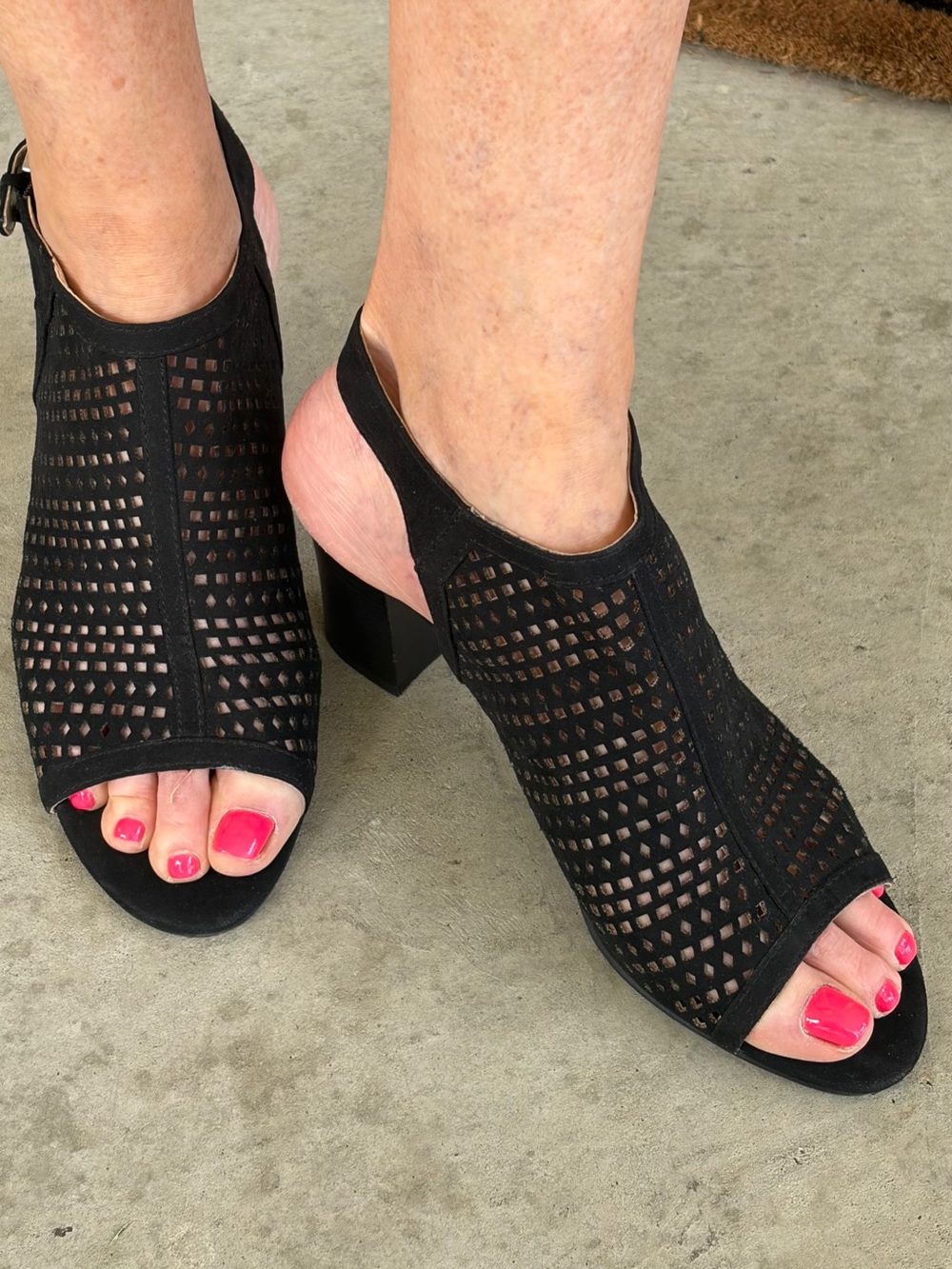 Unisa Black Laser-Cut Peep Toe Block Heel Slingback